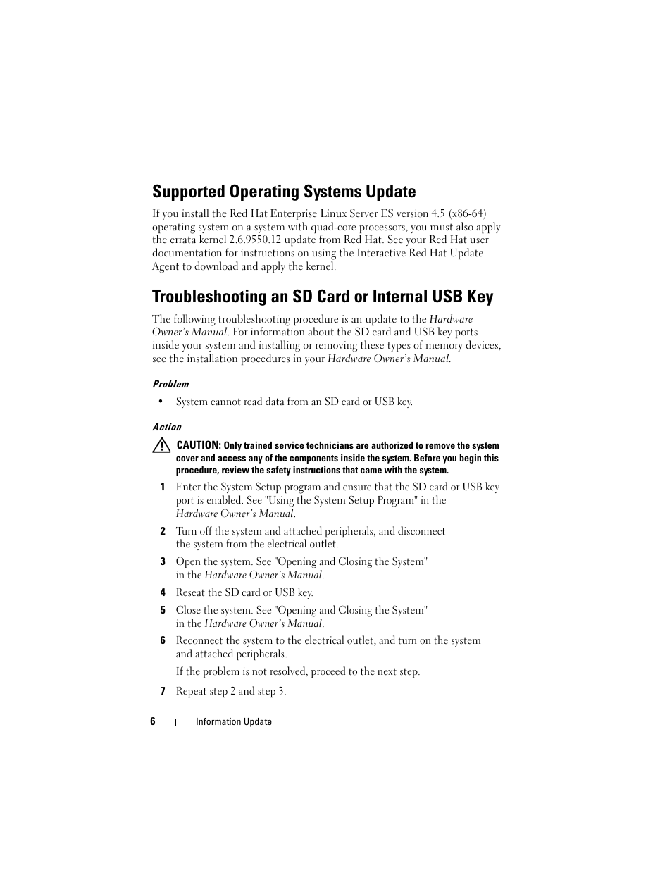 Supported operating systems update, Troubleshooting an sd card or internal usb key | Dell POWEREDGE R805 User Manual | Page 8 / 66