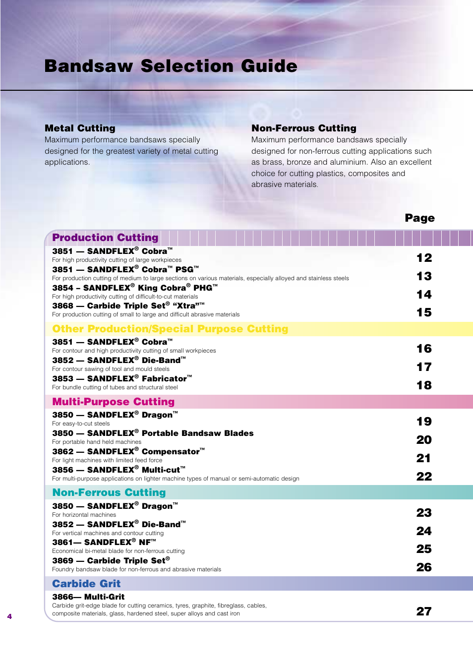 Bandsaw selection guide, Page, Production cutting | Other production/special purpose cutting, Multi-purpose cutting, Non-ferrous cutting, Carbide grit | Bahco Saw User Manual | Page 6 / 36