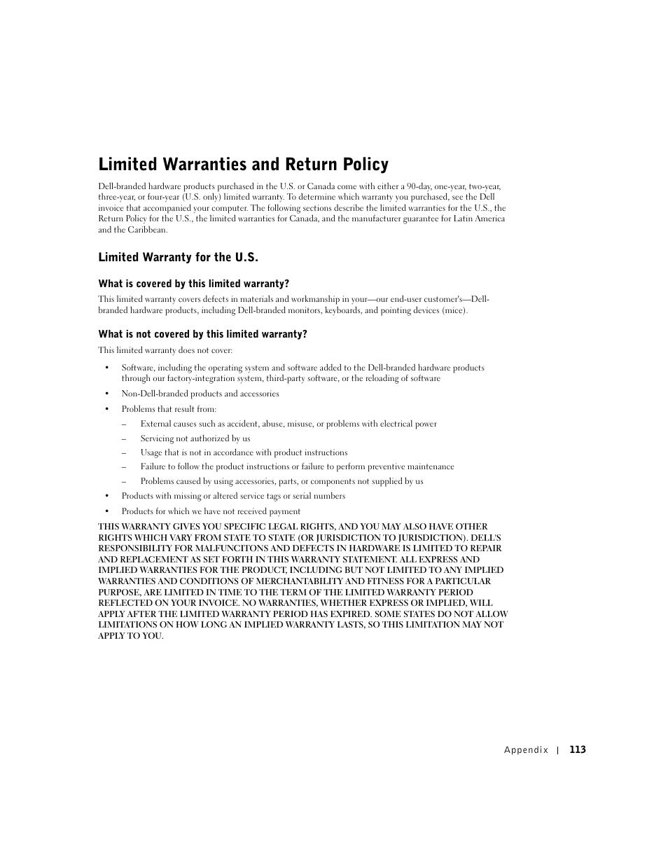 Limited warranties and return policy, Limited warranty for the u.s | Dell Dimension 2300 User Manual | Page 113 / 128