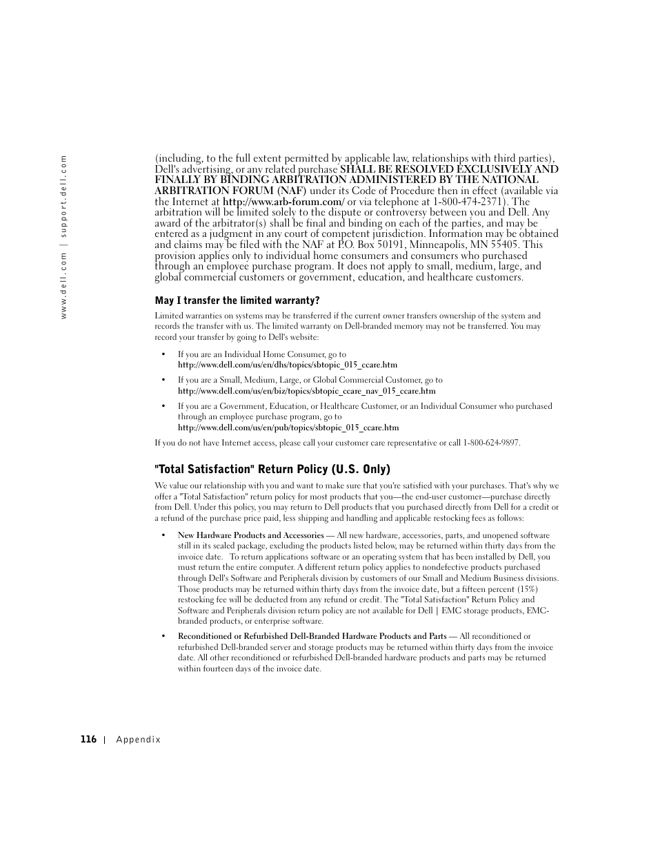 Total satisfaction" return policy (u.s. only) | Dell Dimension 2300 User Manual | Page 116 / 128
