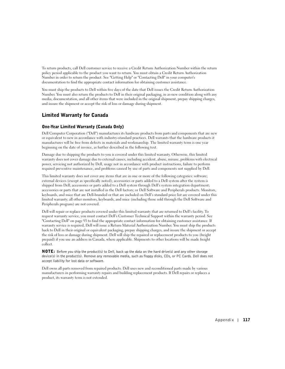 Limited warranty for canada | Dell Dimension 2300 User Manual | Page 117 / 128