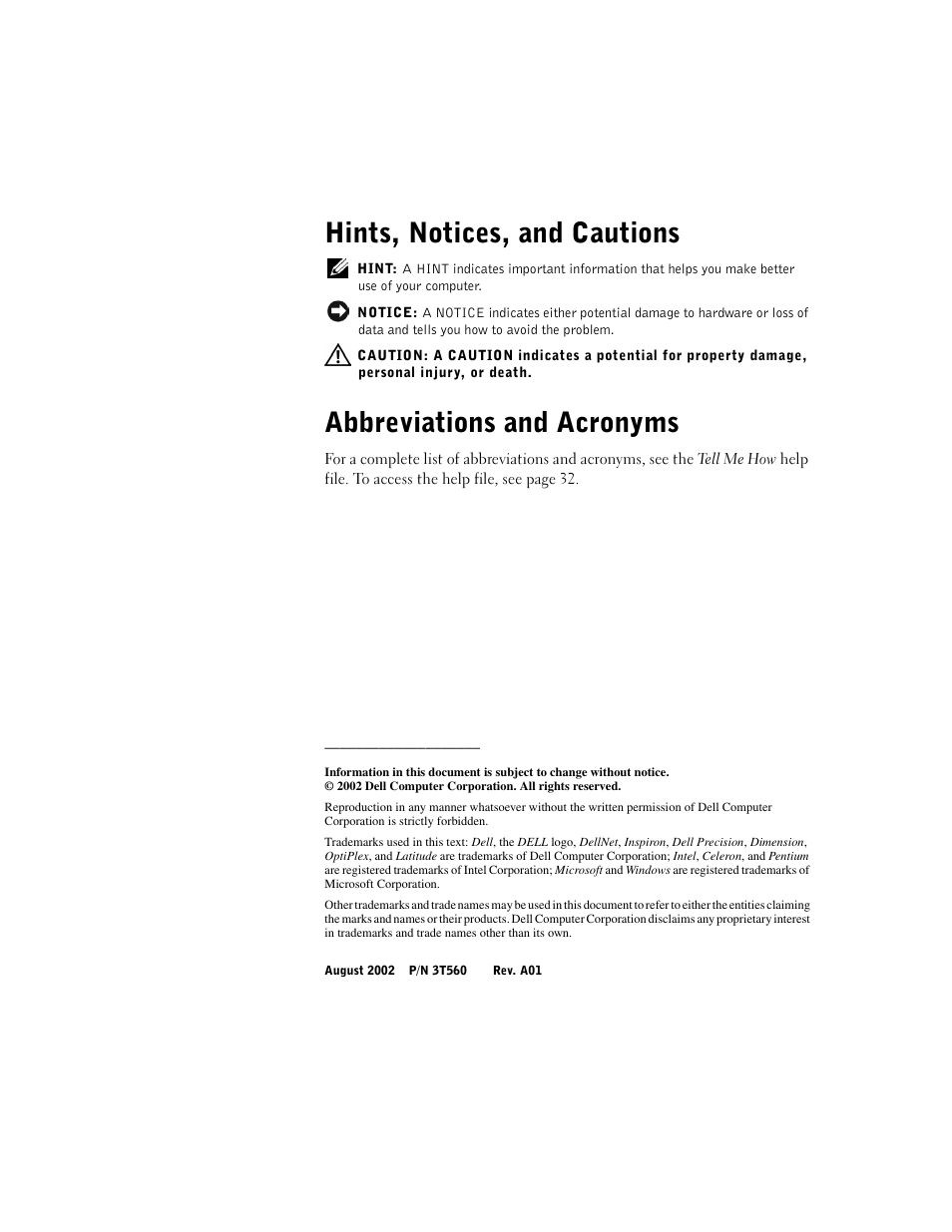 Hints, notices, and cautions, Abbreviations and acronyms | Dell Dimension 2300 User Manual | Page 2 / 128