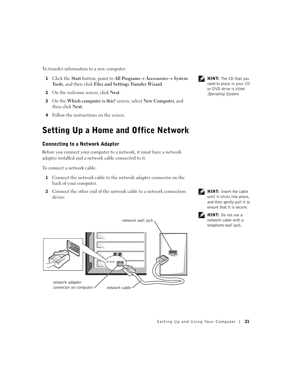 Setting up a home and office network | Dell Dimension 2300 User Manual | Page 21 / 128