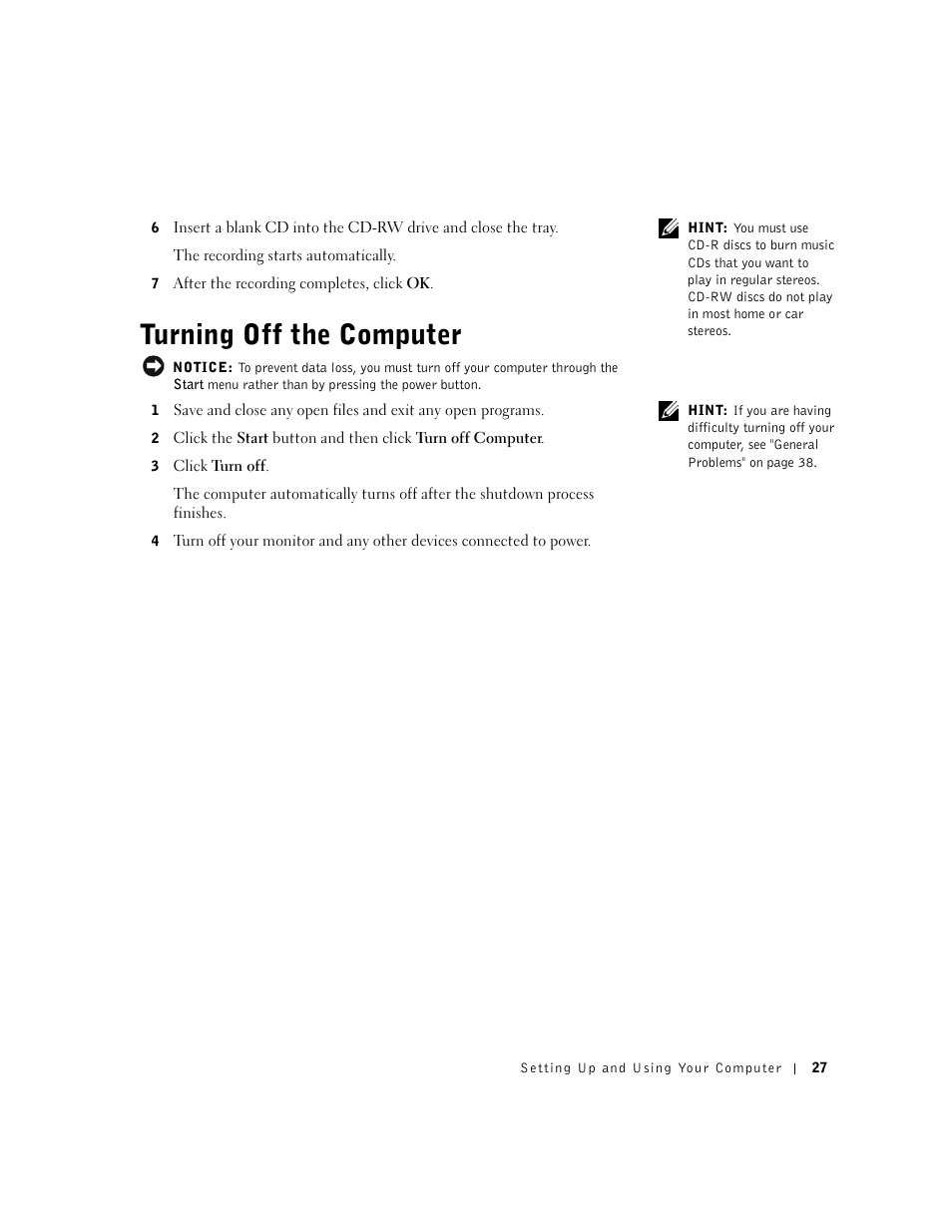 Turning off the computer | Dell Dimension 2300 User Manual | Page 27 / 128