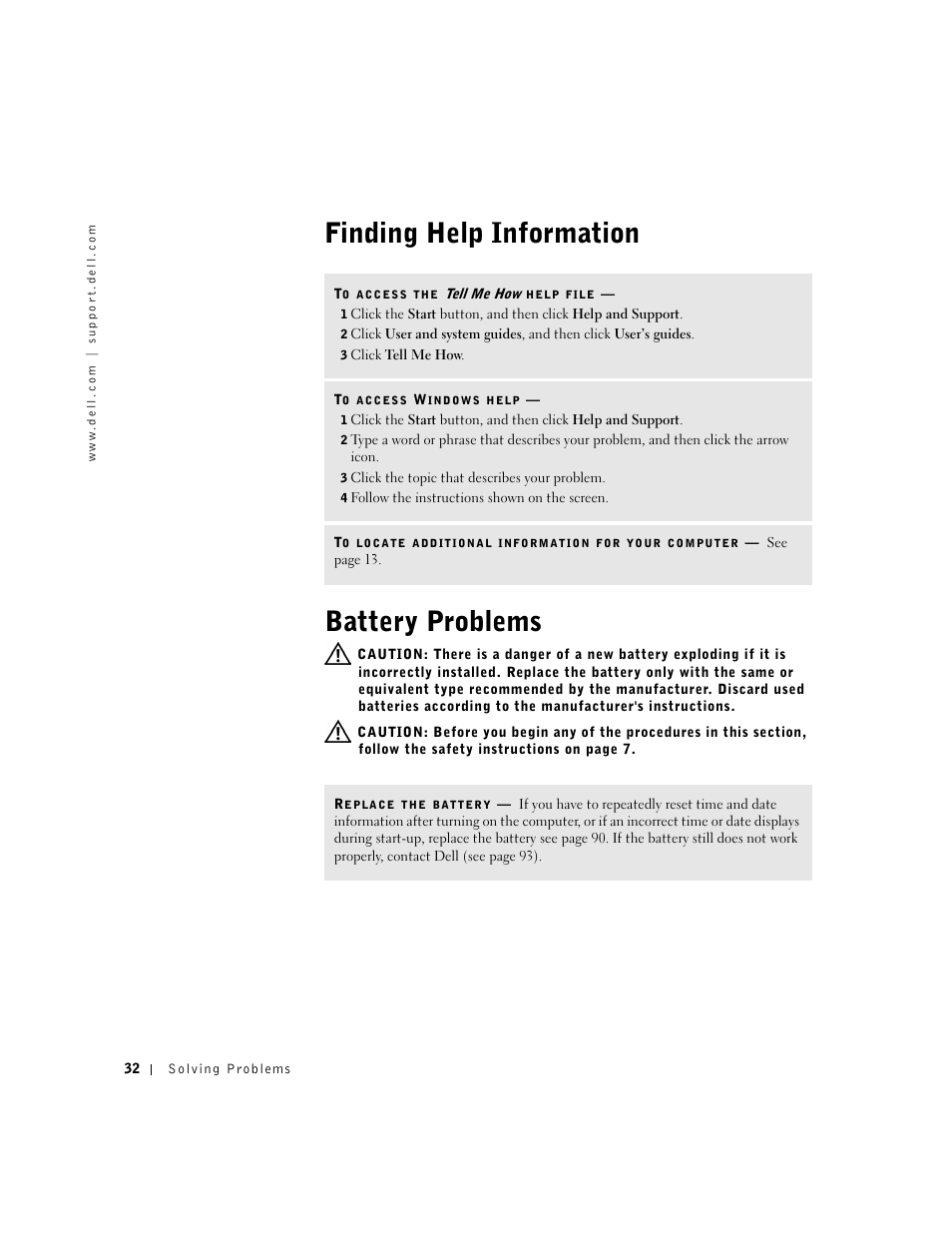 Finding help information battery problems | Dell Dimension 2300 User Manual | Page 32 / 128