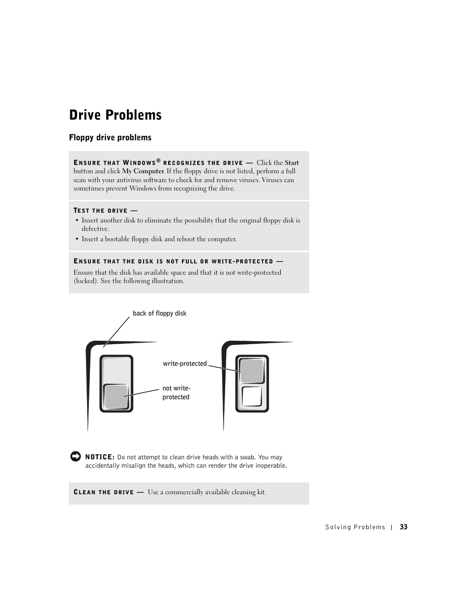 Drive problems, Floppy drive problems | Dell Dimension 2300 User Manual | Page 33 / 128