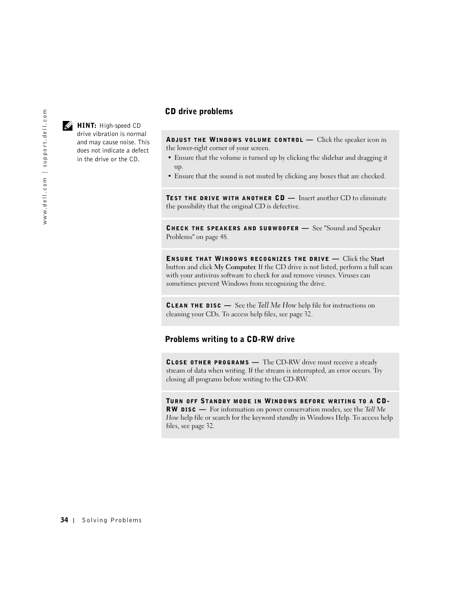 Cd drive problems, Problems writing to a cd-rw drive | Dell Dimension 2300 User Manual | Page 34 / 128