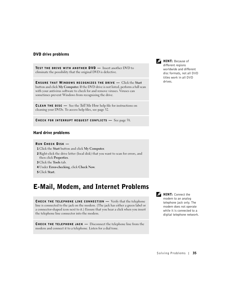 E-mail, modem, and internet problems, Dvd drive problems, Hard drive problems | Dell Dimension 2300 User Manual | Page 35 / 128