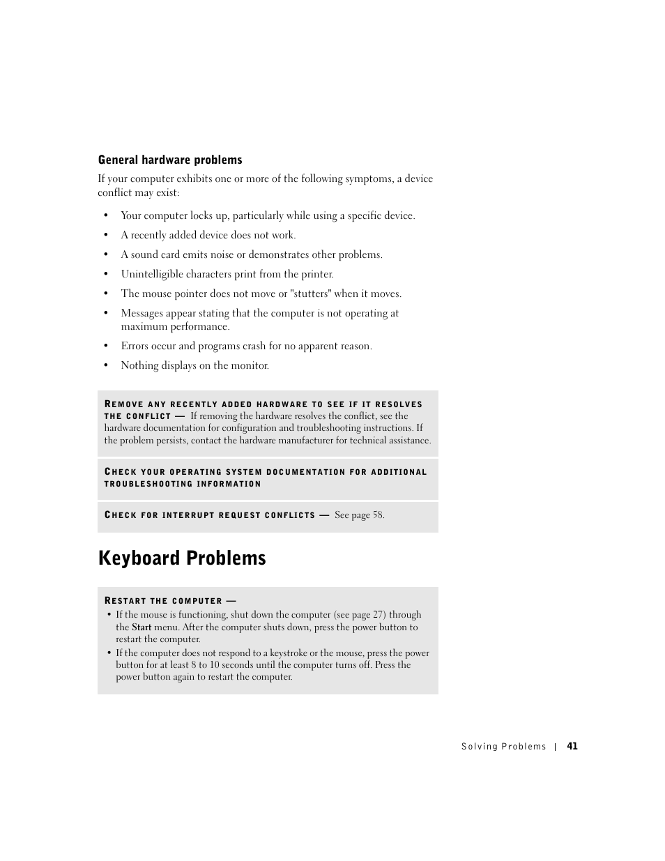 Keyboard problems, General hardware problems | Dell Dimension 2300 User Manual | Page 41 / 128