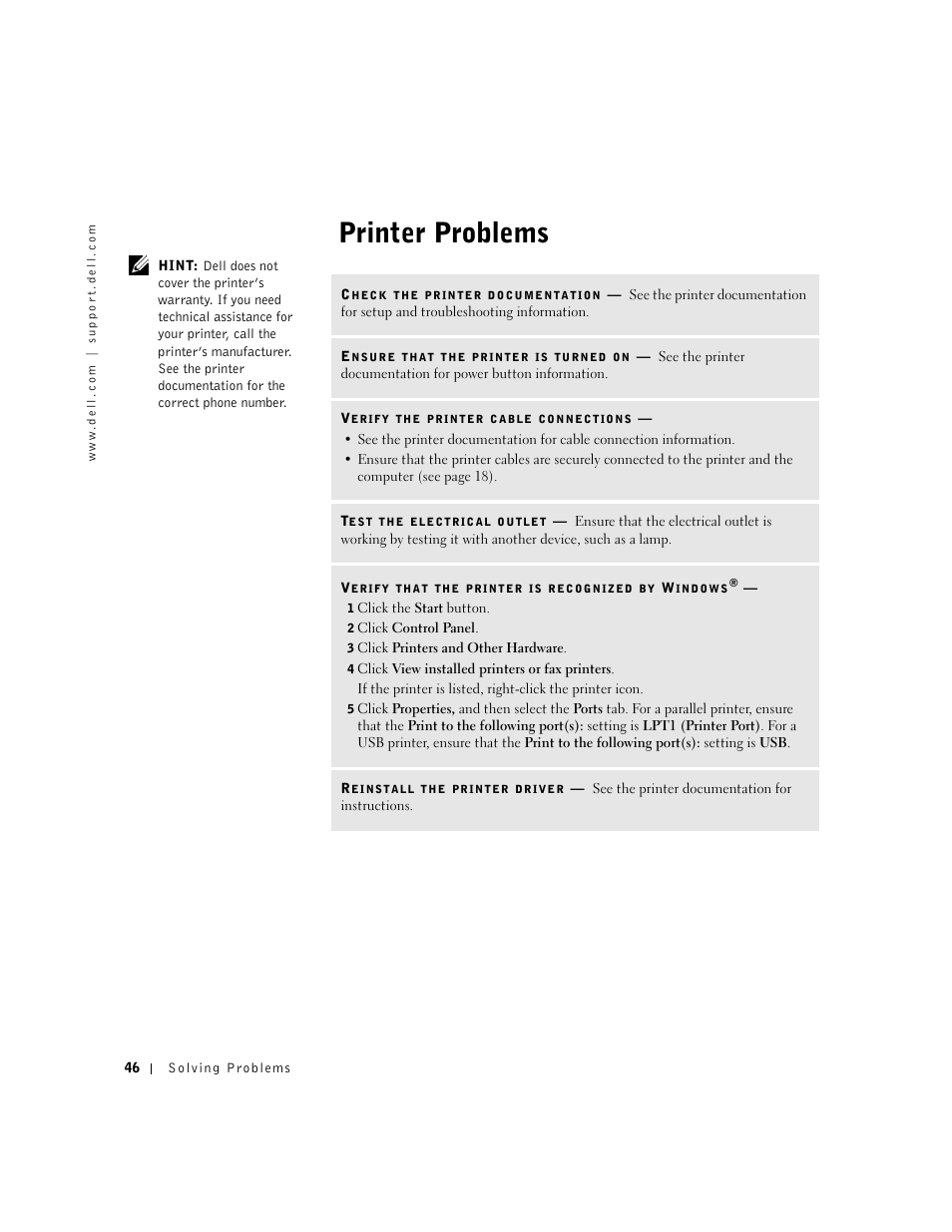 Printer problems | Dell Dimension 2300 User Manual | Page 46 / 128