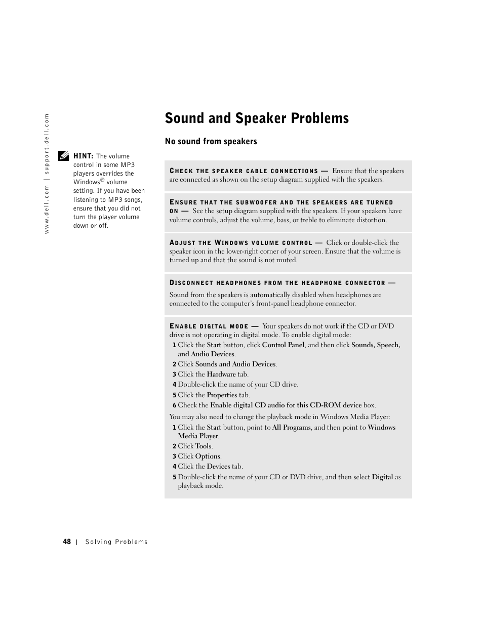 Sound and speaker problems, No sound from speakers | Dell Dimension 2300 User Manual | Page 48 / 128