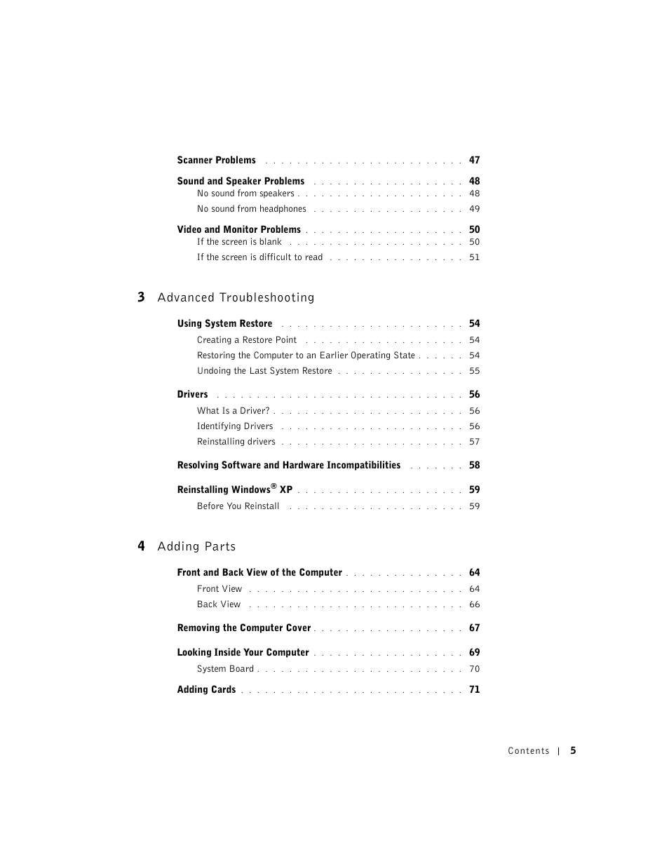 3 advanced troubleshooting, 4 adding parts | Dell Dimension 2300 User Manual | Page 5 / 128