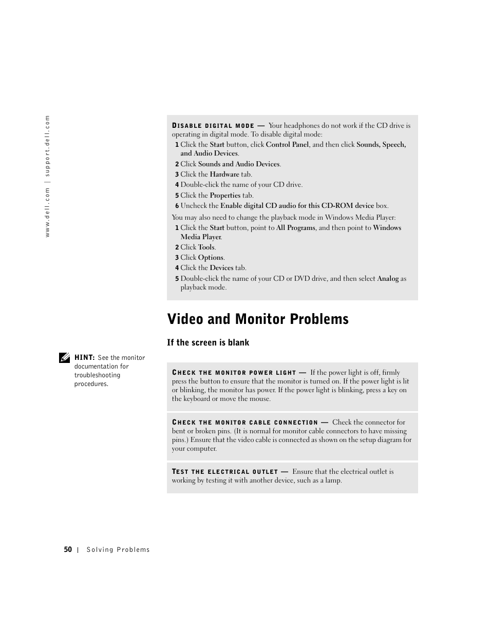 Video and monitor problems, If the screen is blank | Dell Dimension 2300 User Manual | Page 50 / 128