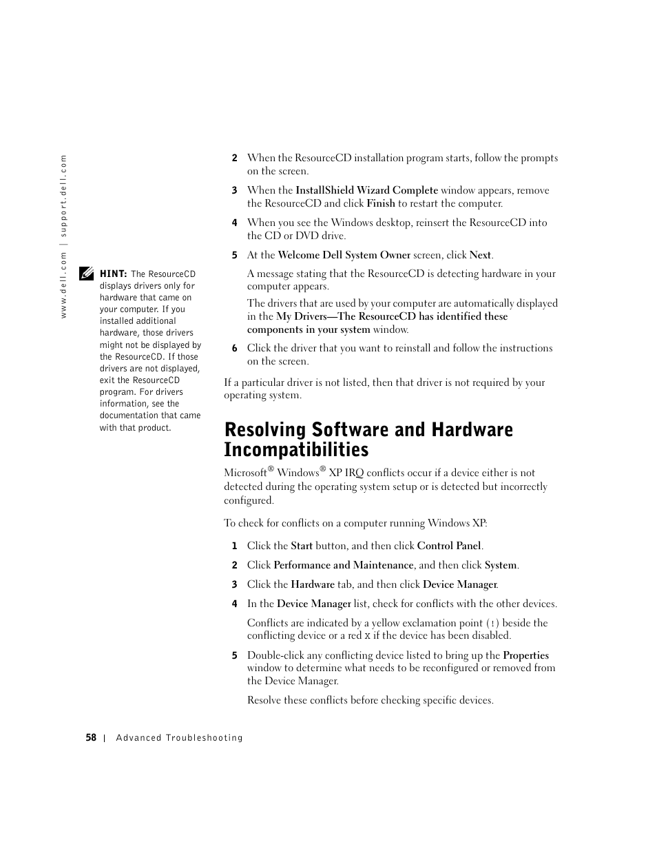 Resolving software and hardware incompatibilities | Dell Dimension 2300 User Manual | Page 58 / 128