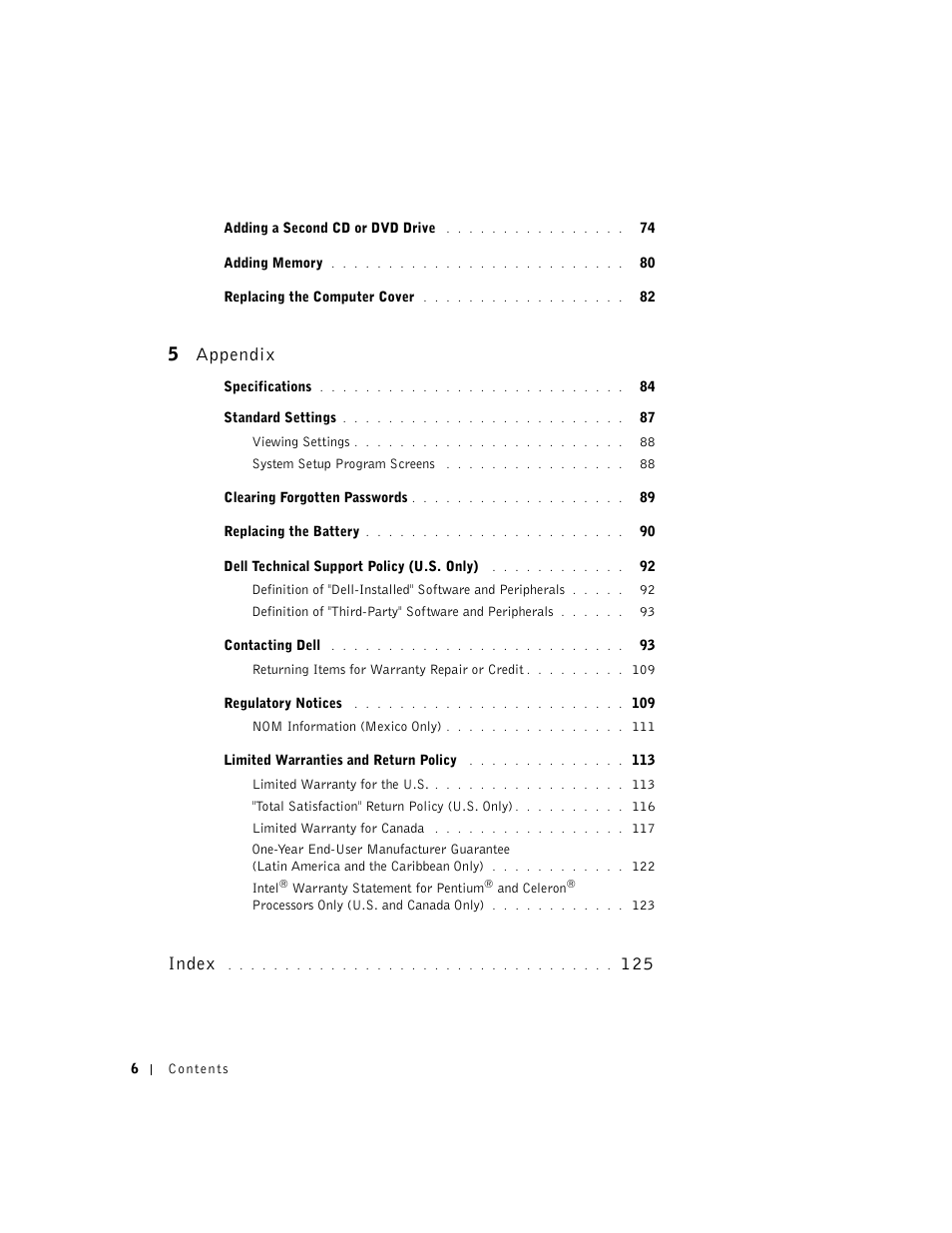 5 appendix, Index | Dell Dimension 2300 User Manual | Page 6 / 128