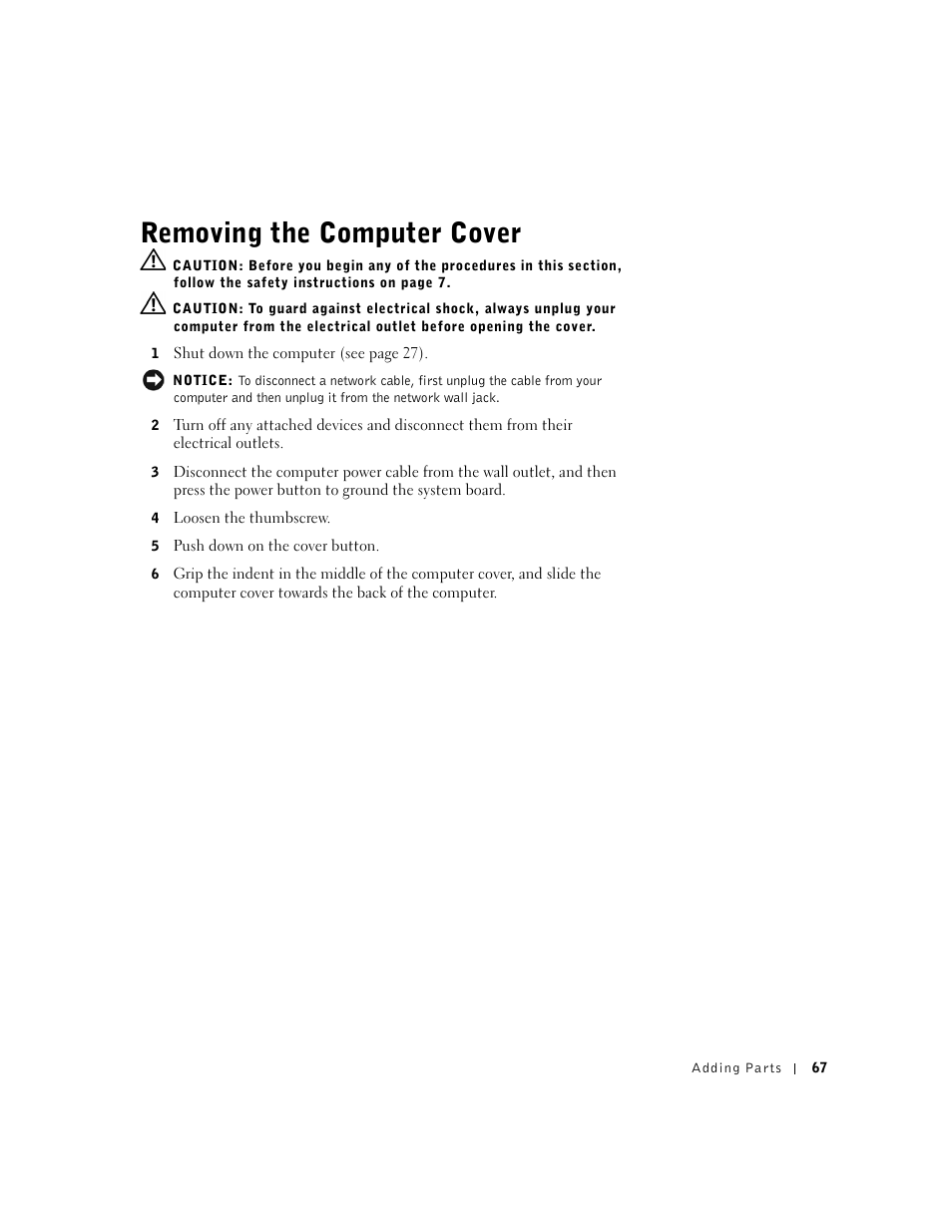 Removing the computer cover | Dell Dimension 2300 User Manual | Page 67 / 128