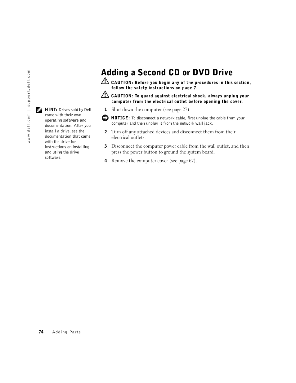 Adding a second cd or dvd drive | Dell Dimension 2300 User Manual | Page 74 / 128