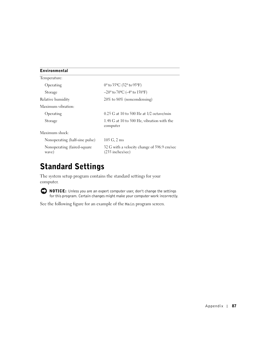 Standard settings | Dell Dimension 2300 User Manual | Page 87 / 128