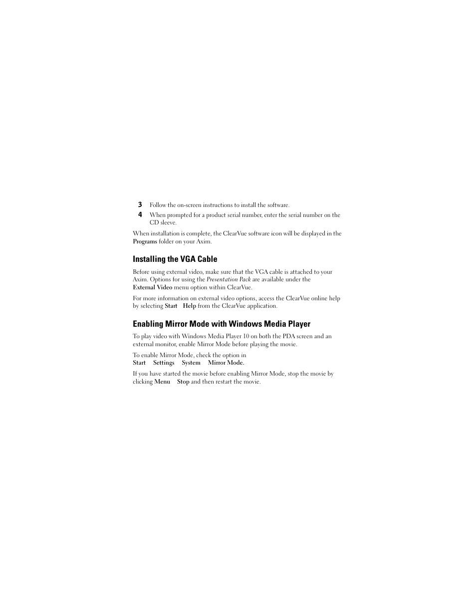 Installing the vga cable, Enabling mirror mode with windows media player | Dell Axim X50 User Manual | Page 2 / 4