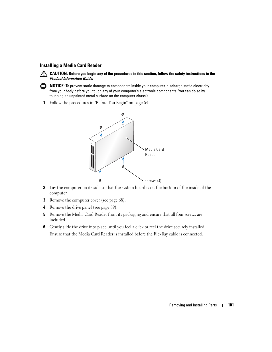Installing a media card reader | Dell Dimension 9150/XPS 400 User Manual | Page 101 / 148