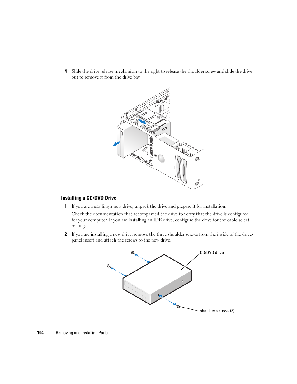 Installing a cd/dvd drive | Dell Dimension 9150/XPS 400 User Manual | Page 104 / 148