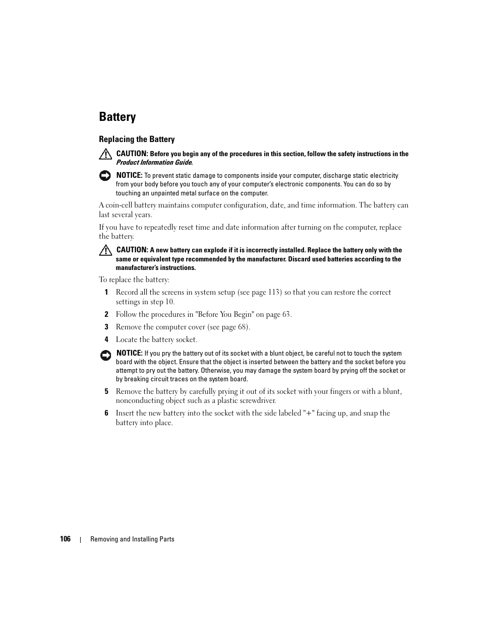 Battery, Replacing the battery | Dell Dimension 9150/XPS 400 User Manual | Page 106 / 148