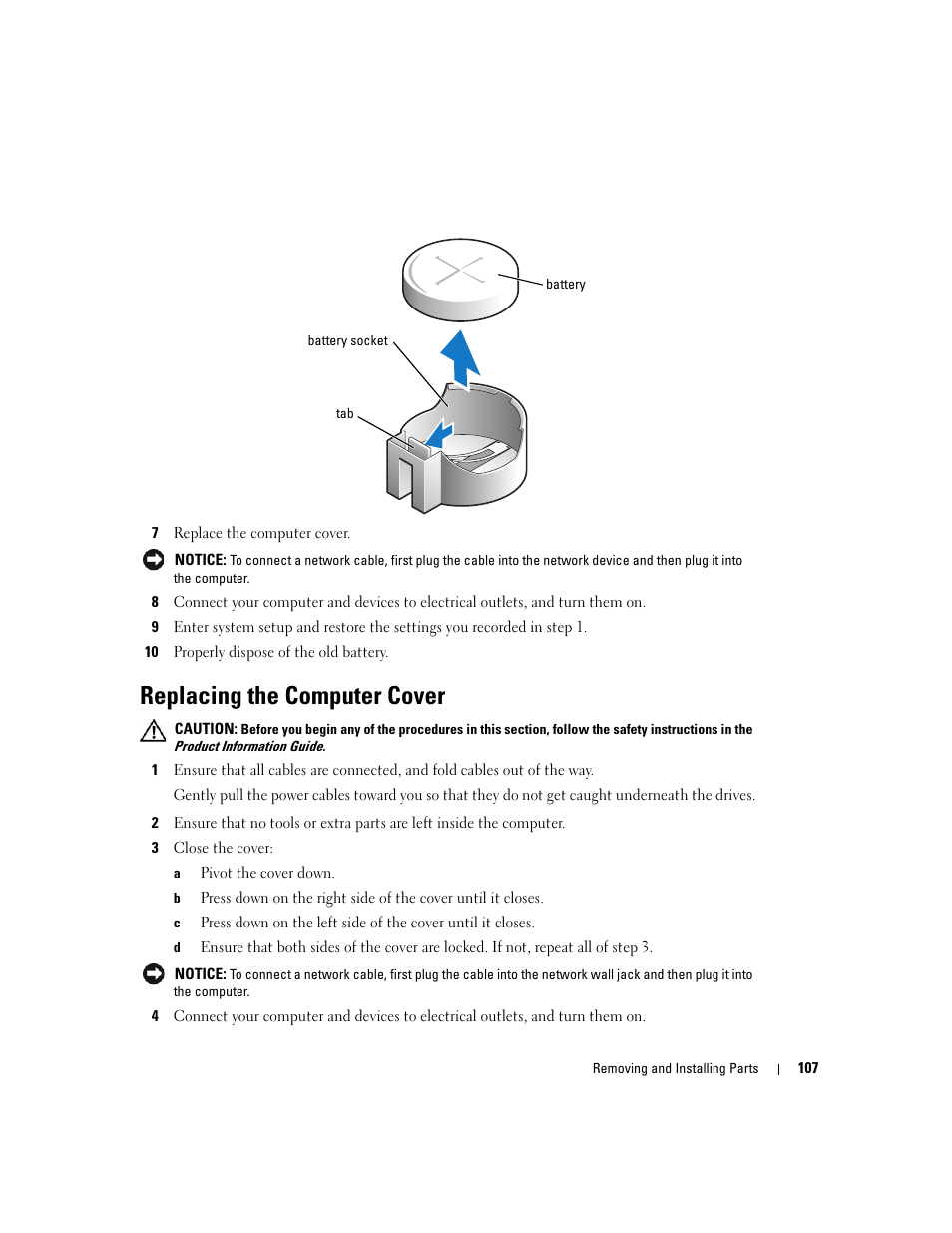 Replacing the computer cover, Settings in step 10 | Dell Dimension 9150/XPS 400 User Manual | Page 107 / 148