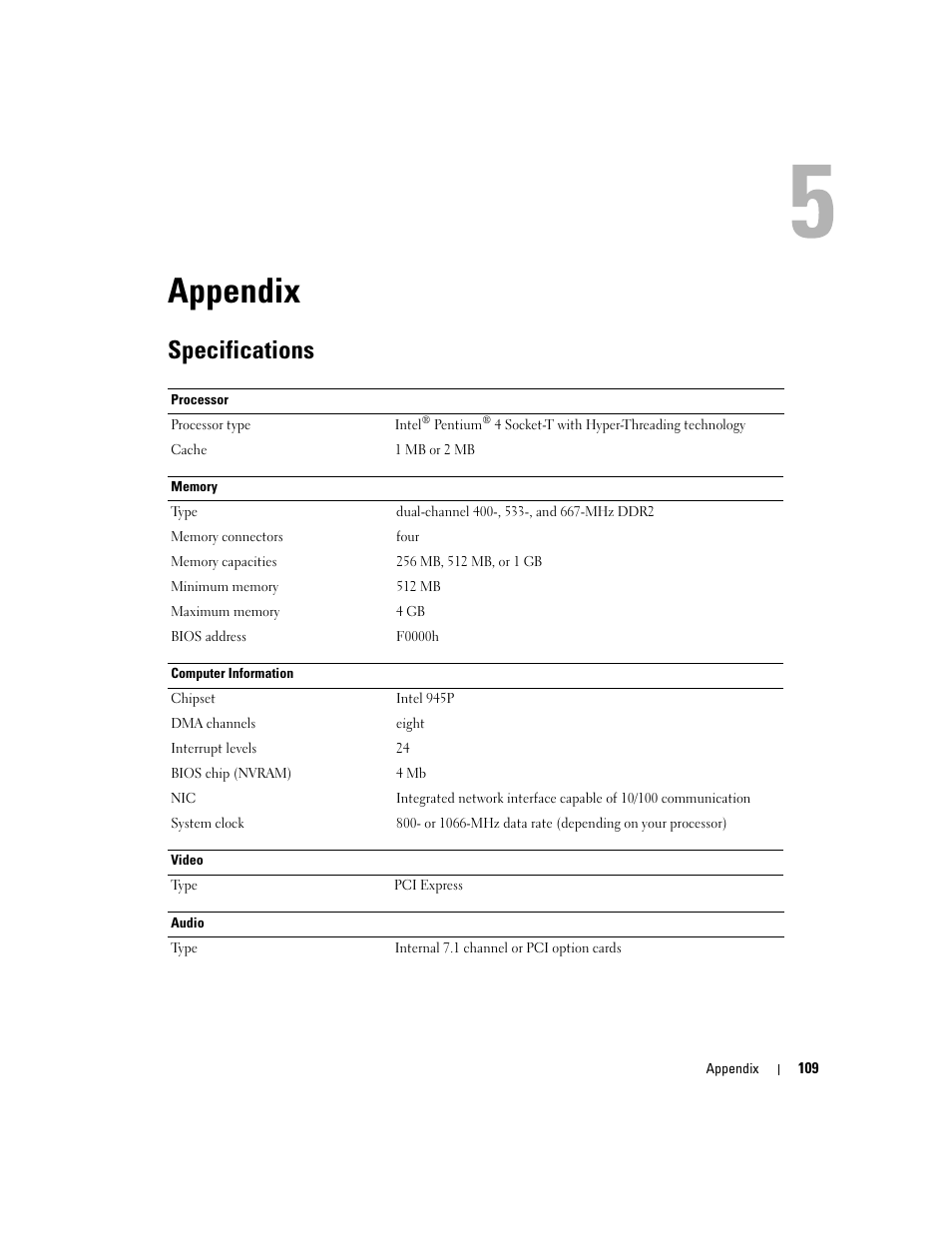 Appendix, Specifications | Dell Dimension 9150/XPS 400 User Manual | Page 109 / 148