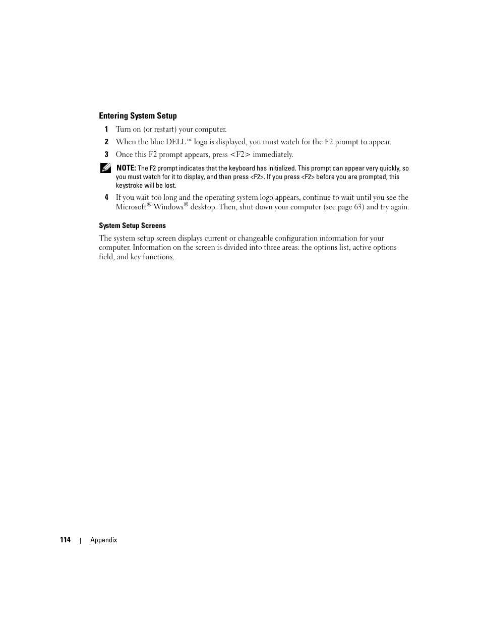 Entering system setup | Dell Dimension 9150/XPS 400 User Manual | Page 114 / 148