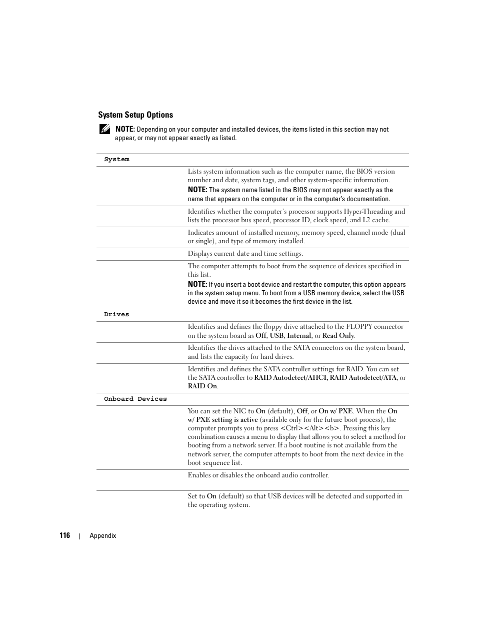 System setup options | Dell Dimension 9150/XPS 400 User Manual | Page 116 / 148