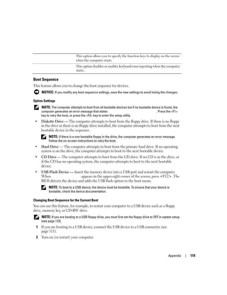 Boot sequence | Dell Dimension 9150/XPS 400 User Manual | Page 119 / 148