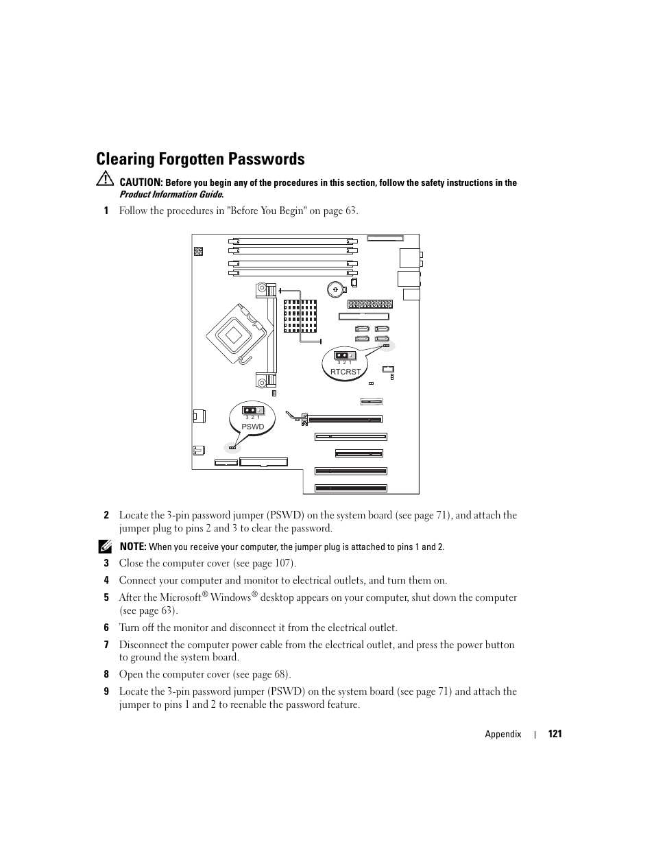 Clearing forgotten passwords | Dell Dimension 9150/XPS 400 User Manual | Page 121 / 148
