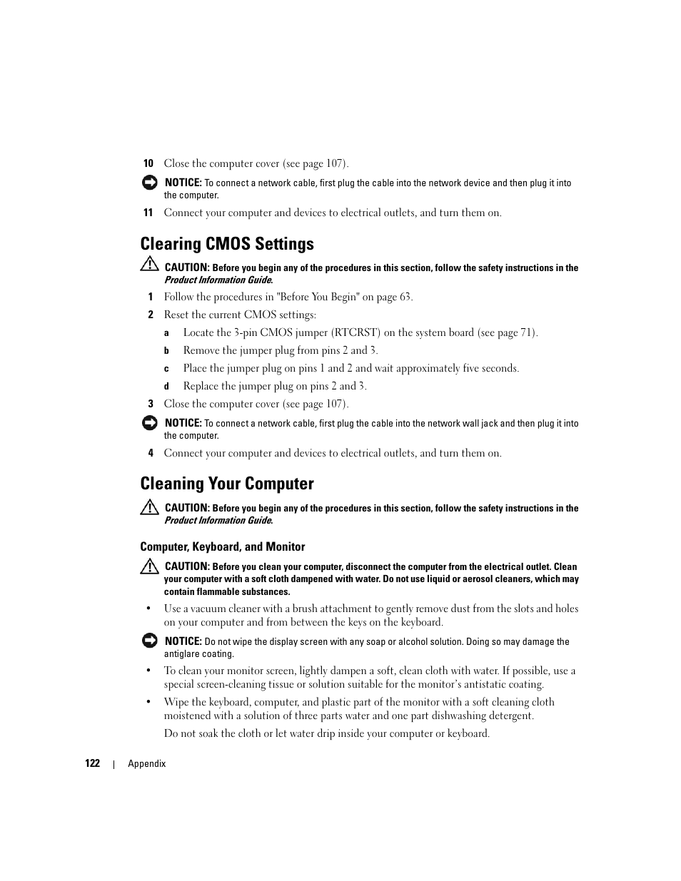 Clearing cmos settings, Cleaning your computer, Computer, keyboard, and monitor | Dell Dimension 9150/XPS 400 User Manual | Page 122 / 148
