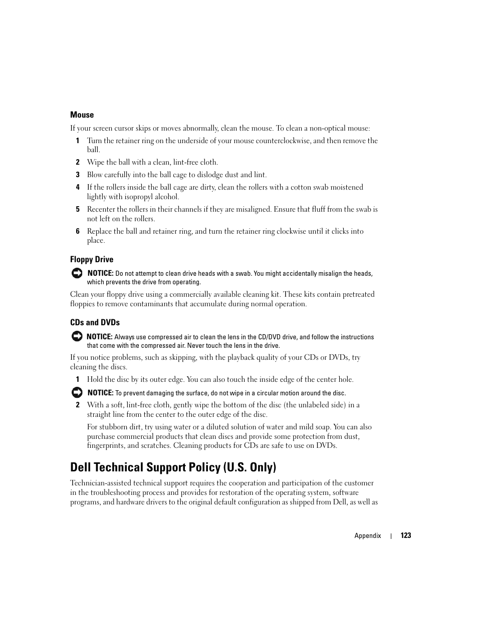 Mouse, Floppy drive, Cds and dvds | Dell technical support policy (u.s. only) | Dell Dimension 9150/XPS 400 User Manual | Page 123 / 148