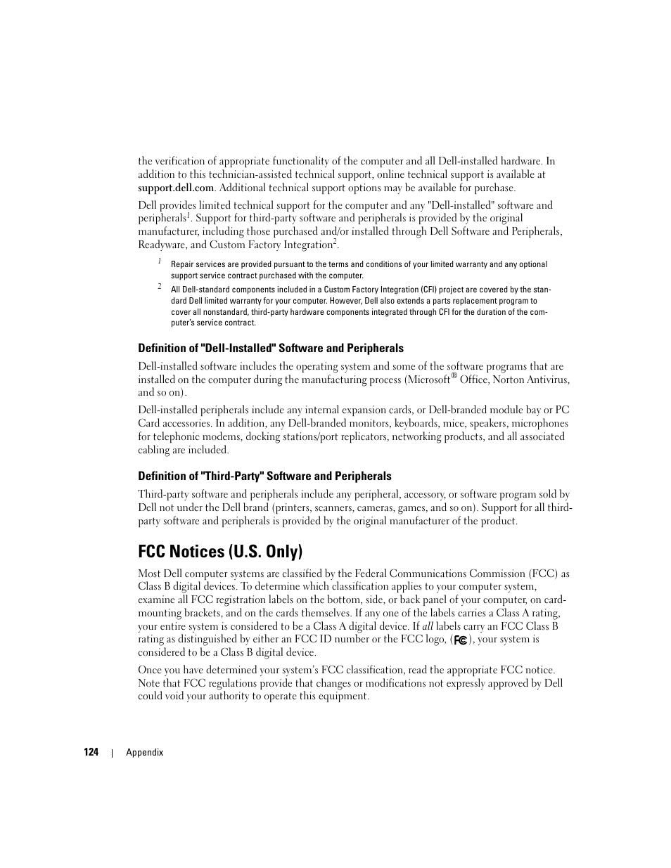 Fcc notices (u.s. only) | Dell Dimension 9150/XPS 400 User Manual | Page 124 / 148