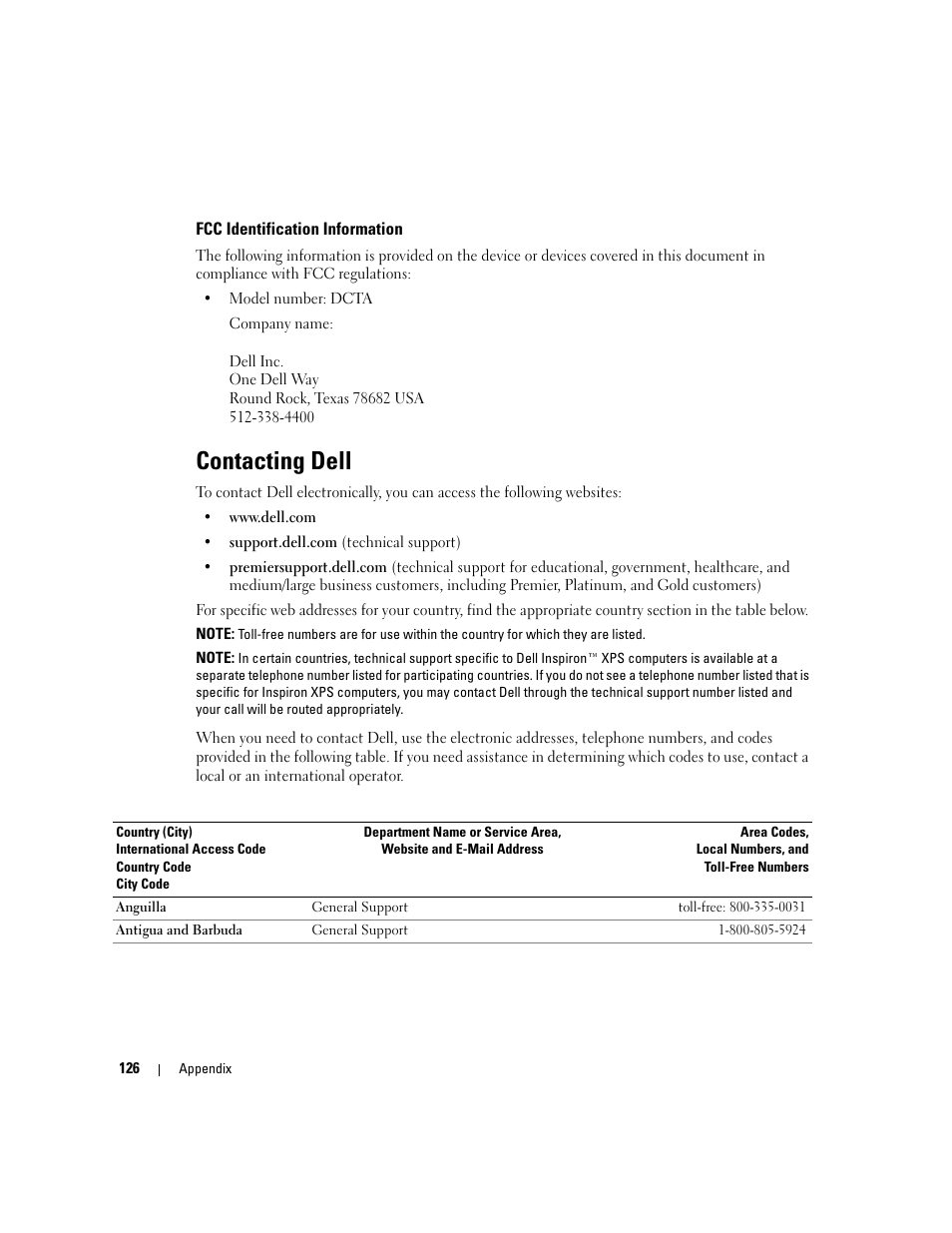 Fcc identification information, Contacting dell | Dell Dimension 9150/XPS 400 User Manual | Page 126 / 148
