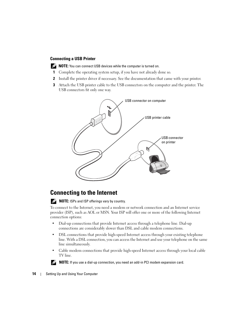 Connecting a usb printer, Connecting to the internet | Dell Dimension 9150/XPS 400 User Manual | Page 14 / 148