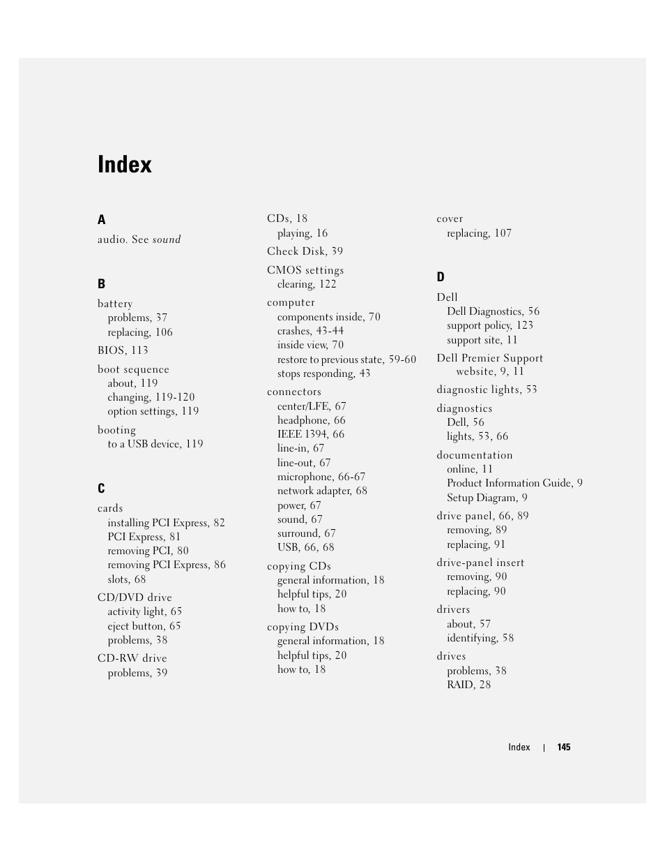 Index | Dell Dimension 9150/XPS 400 User Manual | Page 145 / 148