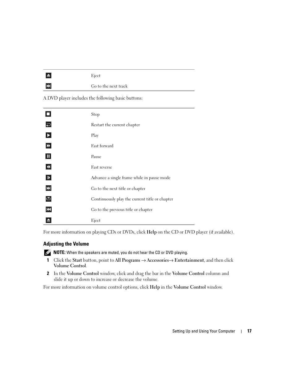 Adjusting the volume | Dell Dimension 9150/XPS 400 User Manual | Page 17 / 148