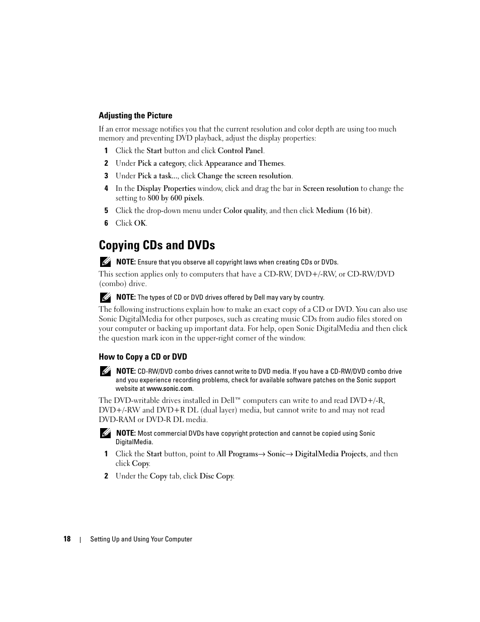 Adjusting the picture, Copying cds and dvds, How to copy a cd or dvd | Dell Dimension 9150/XPS 400 User Manual | Page 18 / 148