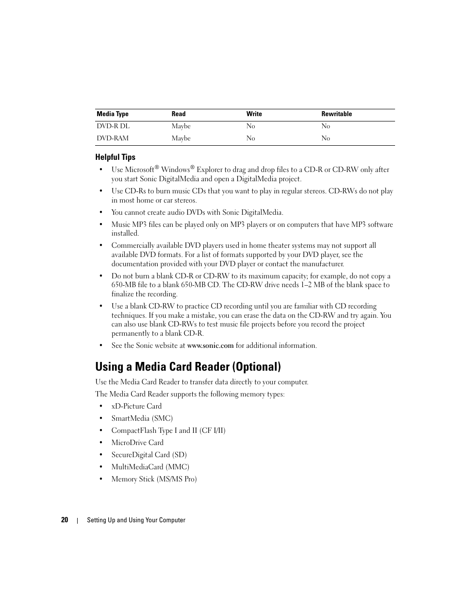 Helpful tips, Using a media card reader (optional) | Dell Dimension 9150/XPS 400 User Manual | Page 20 / 148