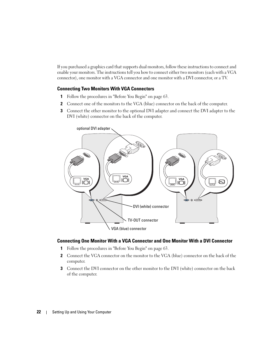 Connecting two monitors with vga connectors | Dell Dimension 9150/XPS 400 User Manual | Page 22 / 148