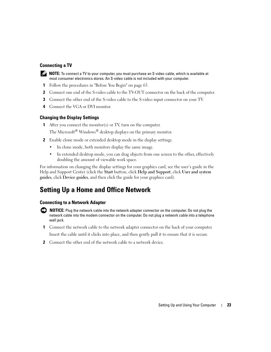 Connecting a tv, Changing the display settings, Setting up a home and office network | Connecting to a network adapter | Dell Dimension 9150/XPS 400 User Manual | Page 23 / 148
