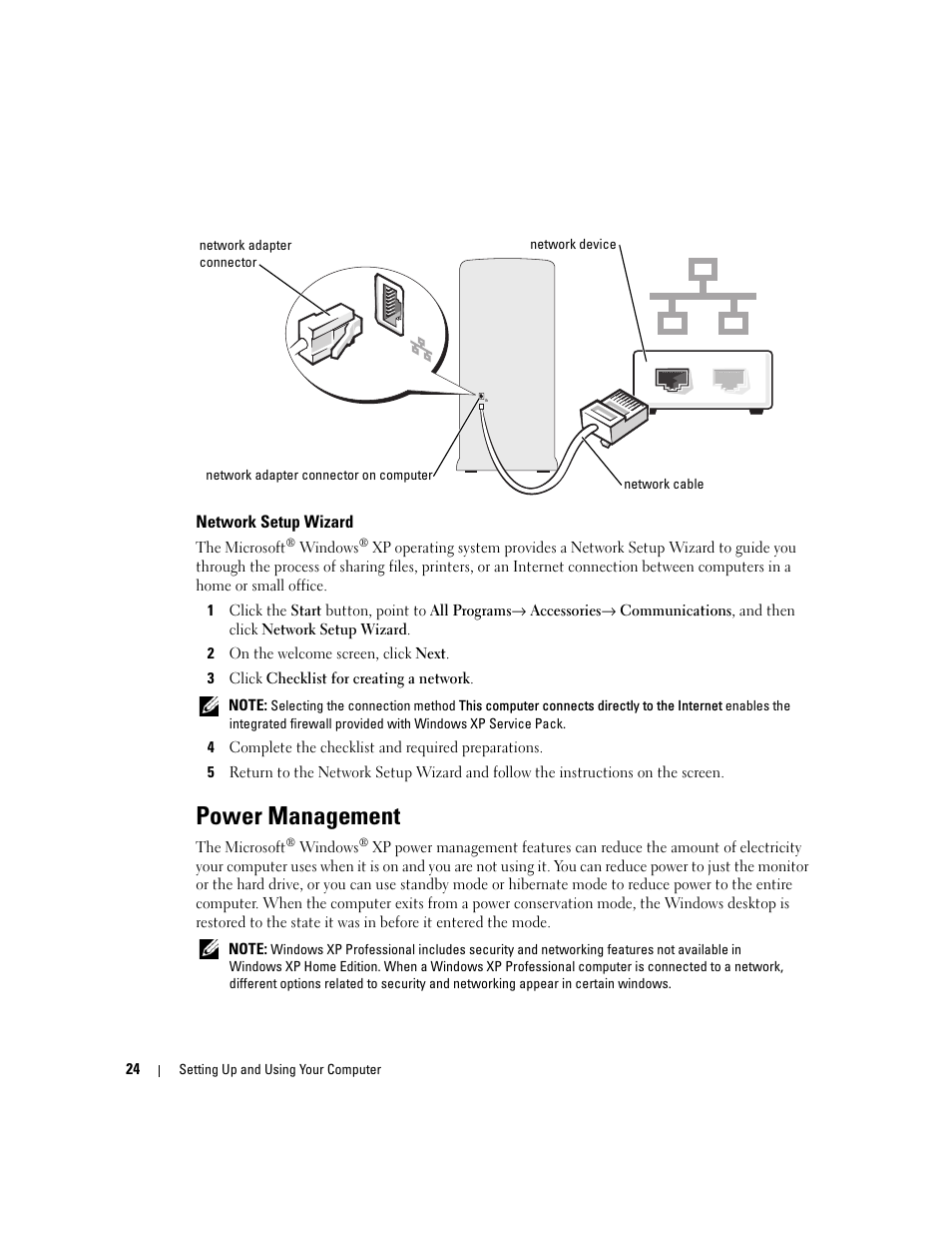 Network setup wizard, Power management | Dell Dimension 9150/XPS 400 User Manual | Page 24 / 148