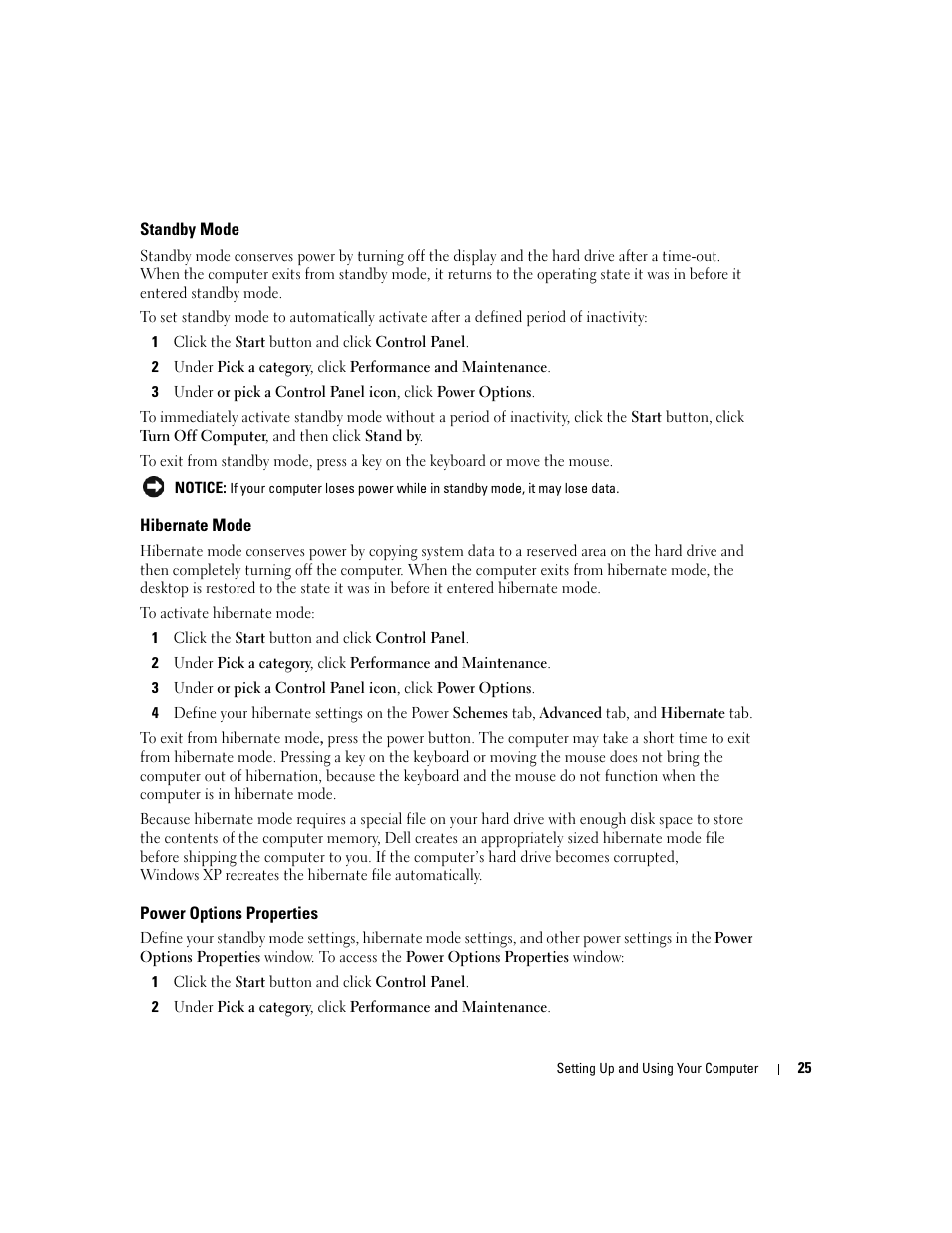 Standby mode, Hibernate mode, Power options properties | Dell Dimension 9150/XPS 400 User Manual | Page 25 / 148