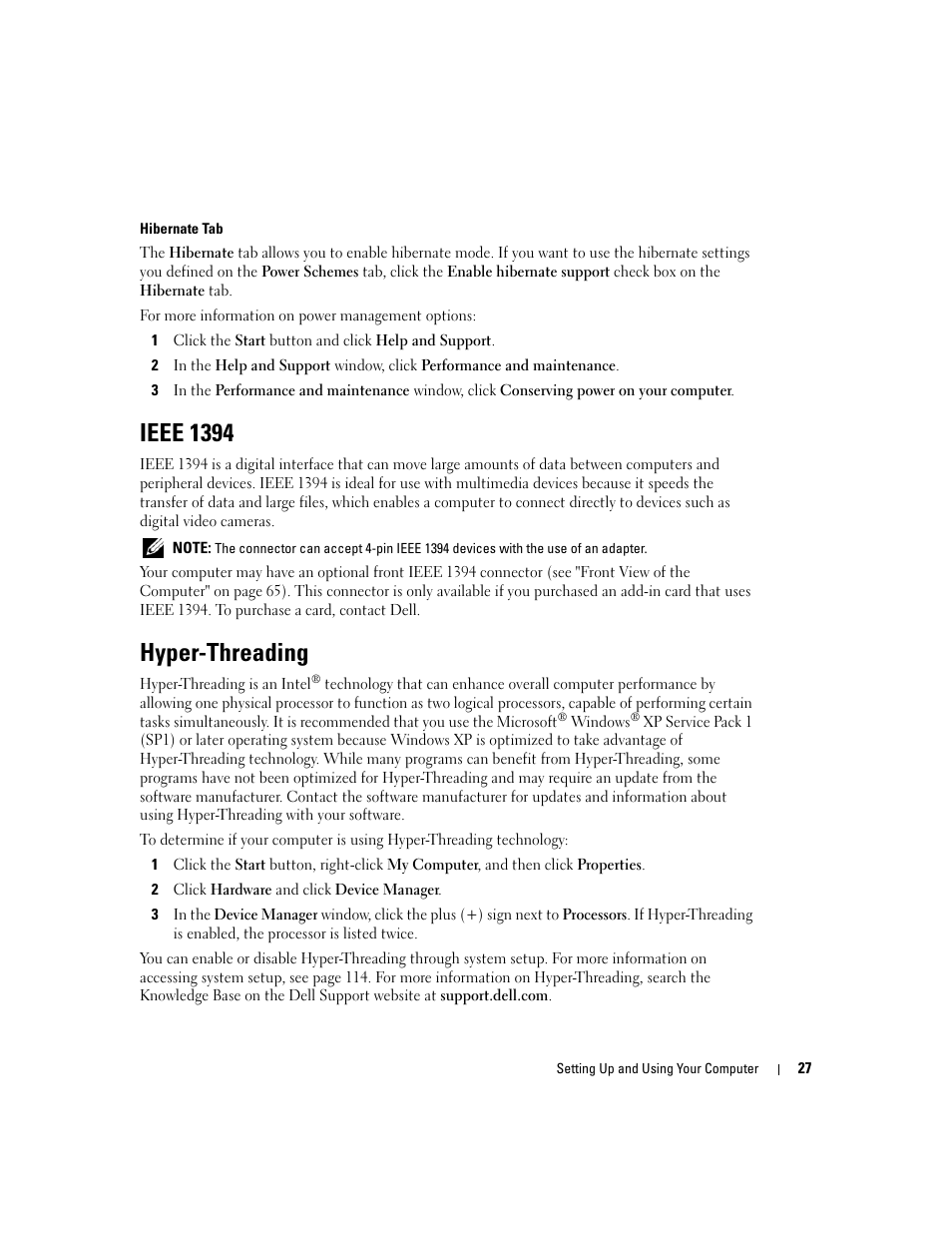 Ieee 1394, Hyper-threading | Dell Dimension 9150/XPS 400 User Manual | Page 27 / 148
