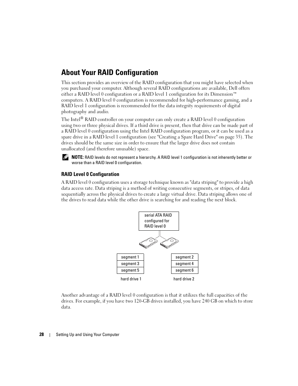 About your raid configuration, Raid level 0 configuration | Dell Dimension 9150/XPS 400 User Manual | Page 28 / 148
