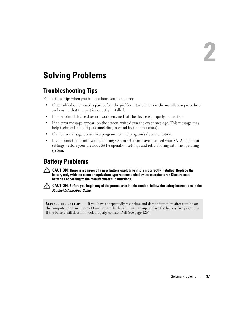 Solving problems, Troubleshooting tips, Battery problems | Dell Dimension 9150/XPS 400 User Manual | Page 37 / 148