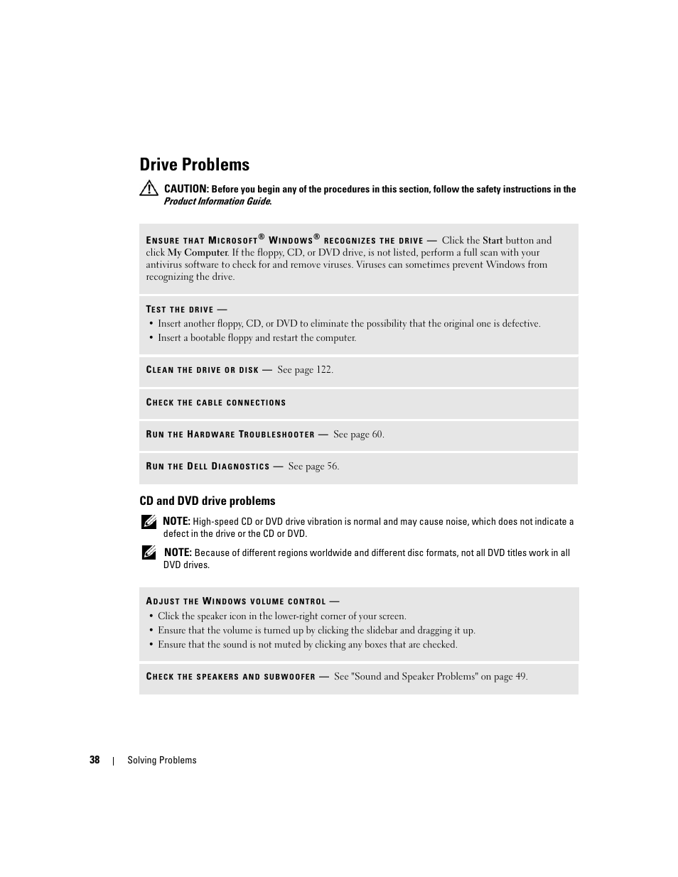 Drive problems, Cd and dvd drive problems | Dell Dimension 9150/XPS 400 User Manual | Page 38 / 148