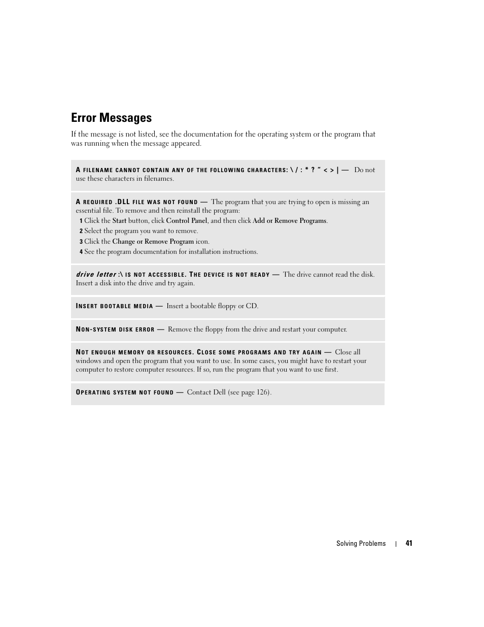 Error messages | Dell Dimension 9150/XPS 400 User Manual | Page 41 / 148